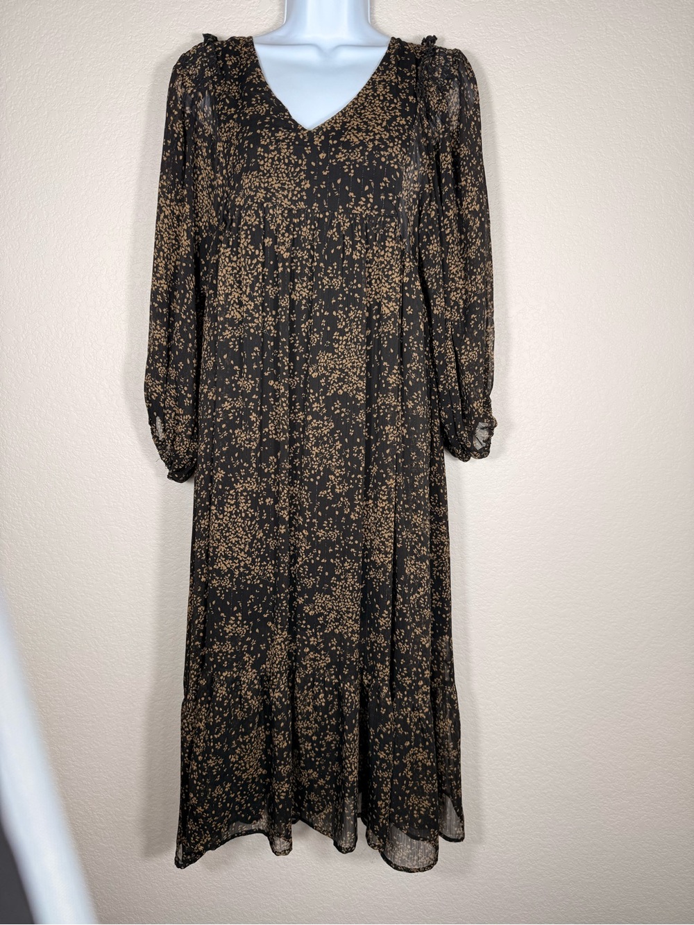 MITTOSHOP Women's Black Floral V-Neck Long Sleeve Midi Dress